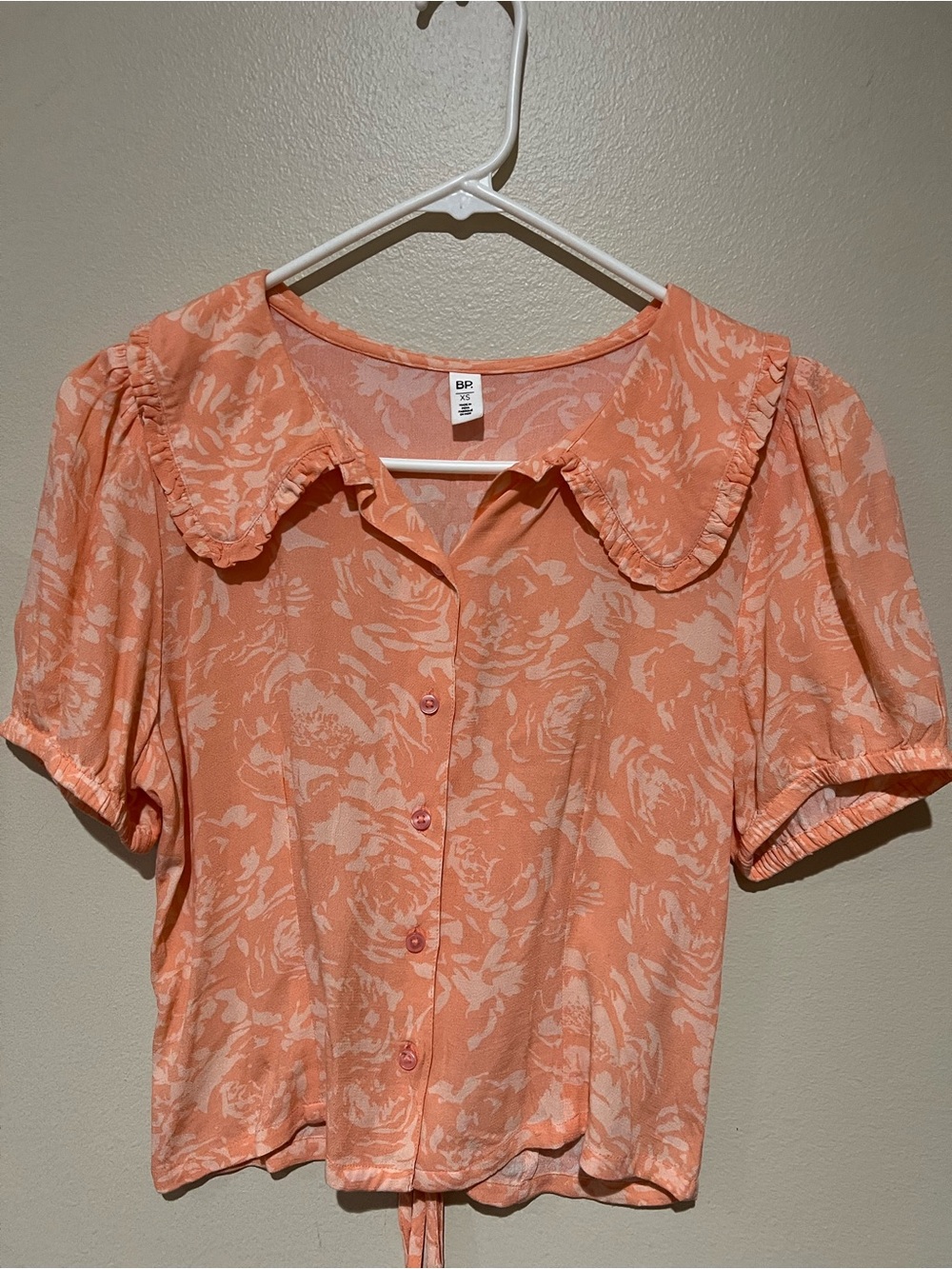 bp Peach Floral Button-Front Blouse with Scalloped Collar